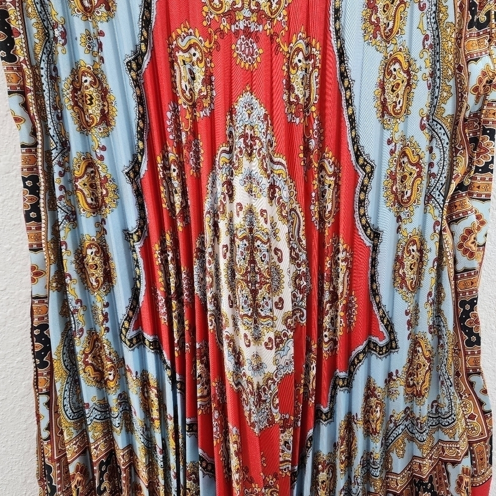 ZARA Boho Patchwork Wrap Midi Dress Red Blue Print Belted Pleated V-Neck - Picture 6 of 15